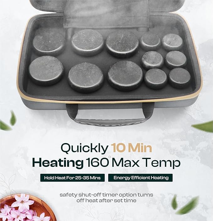 Massage Stone Set, 12 Basalt Stones, Portable Warmer with Bag and Built-in Digital Control