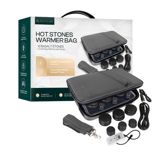 BlissFlow Hot Stones Massage Set with Warmer Kit – 12 Basalt Massage Stones – Digital Electric Stone Warmer & Portable Heater – Hot Stones for Massage in Travel Carrying Bag