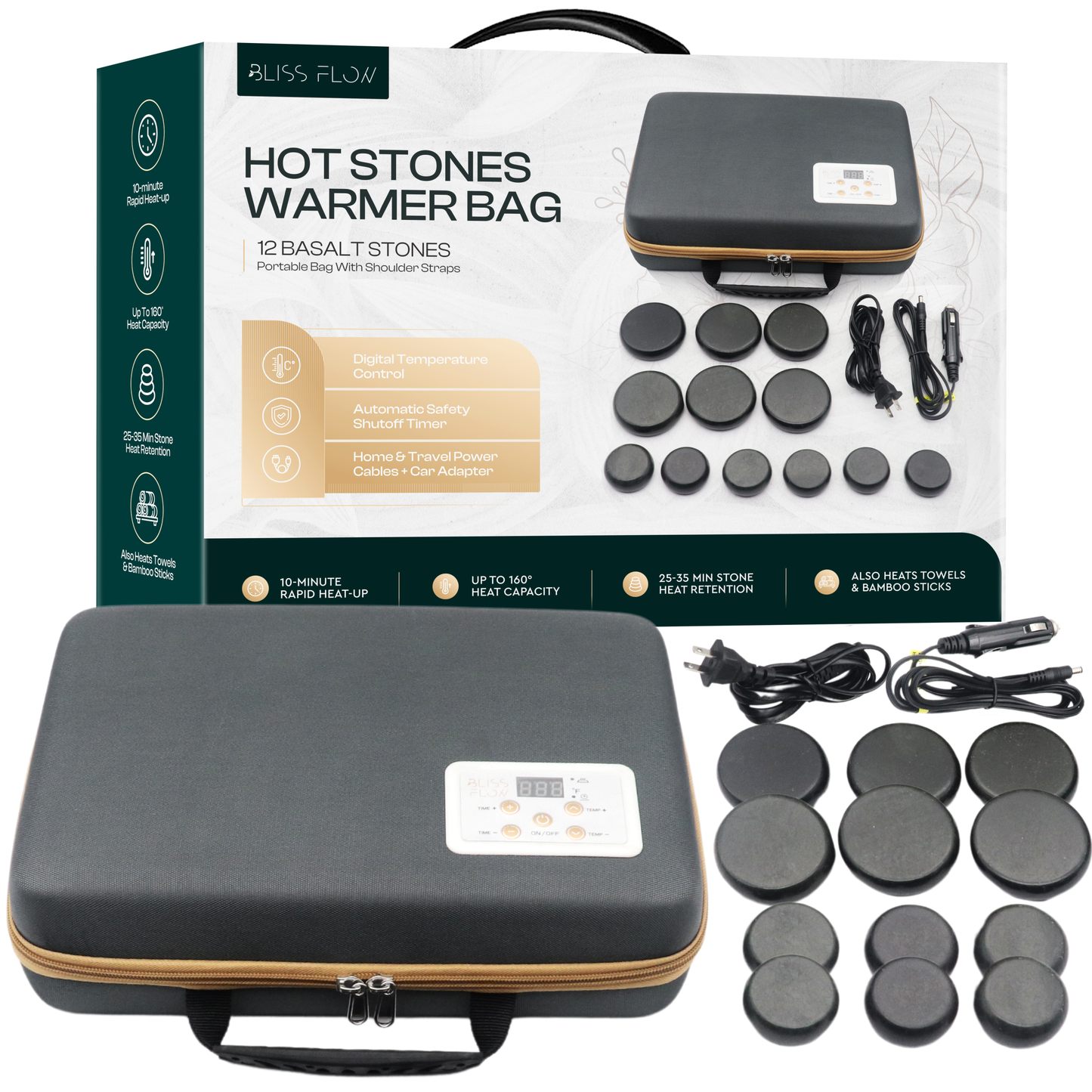 Massage Stone Set, 12 Basalt Stones, Portable Warmer with Bag and Built-in Digital Control