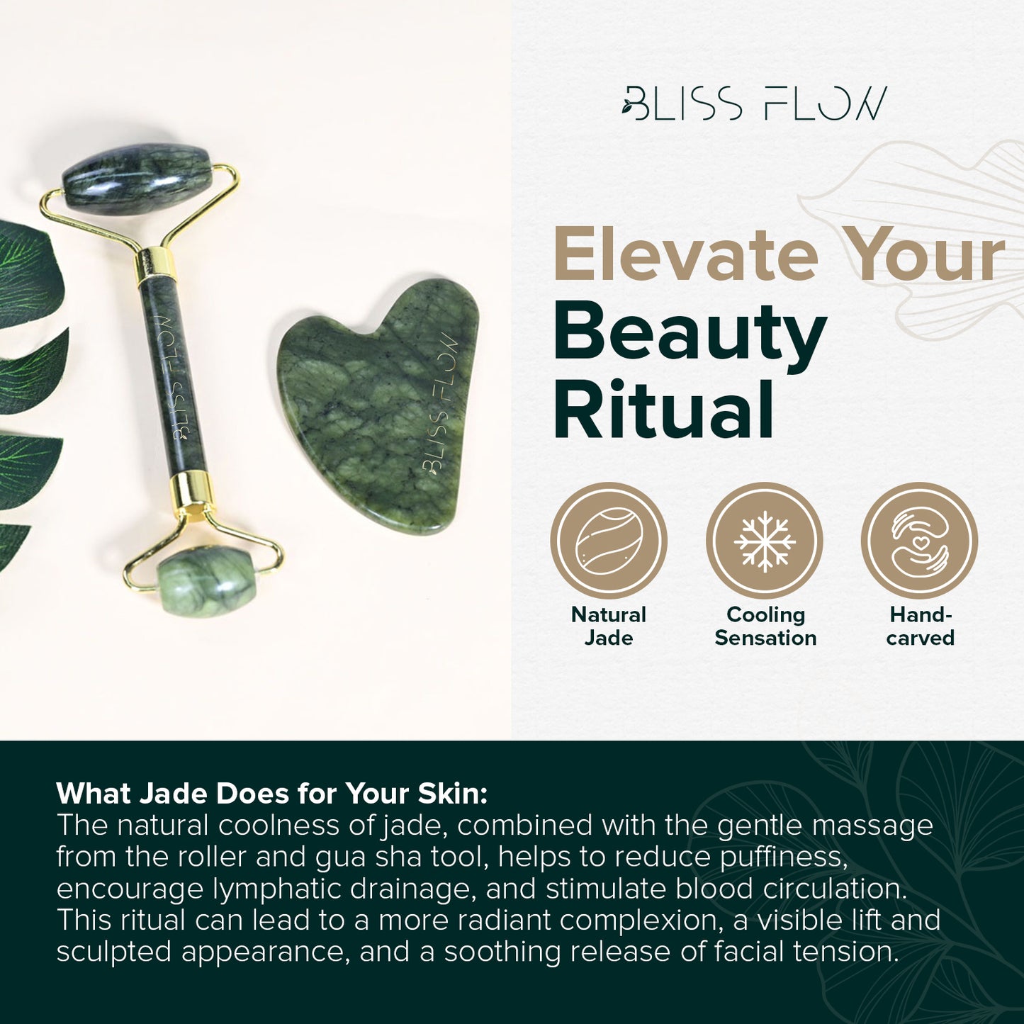 BlissFlow Jade Roller & Gua Sha Set – Natural Jade Face Roller for Puffiness, Wrinkles &
Lifting – Cooling Facial Massage Tool for Glowing Skin, Stress Relief & Skincare Absorption