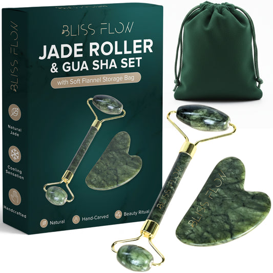 BlissFlow Jade Roller & Gua Sha Set – Natural Jade Face Roller for Puffiness, Wrinkles &
Lifting – Cooling Facial Massage Tool for Glowing Skin, Stress Relief & Skincare Absorption